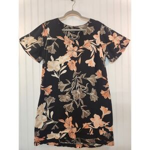 Nicole Miller Black Floral Linen Blend V-Neck Shift Dress  Peach Large Summer